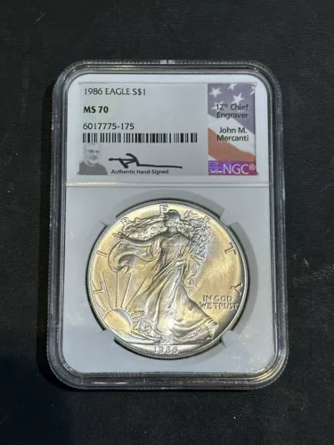 1986 $1 SILVER AMERICAN EAGLE NGC MS-70 JOHN MERCANTI SIGNED. READ*