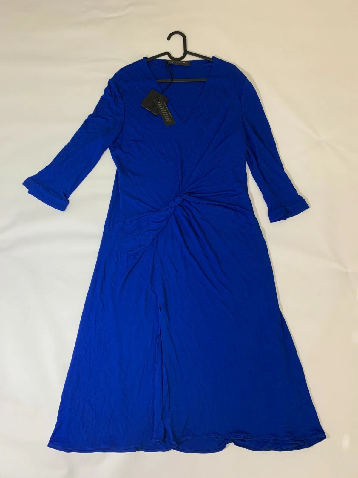 Abito VERSACE Prima Linea Blu Twist Drappeggiato LOGO BOTTONE Manica 3 4 Elasticizzato Taglia52