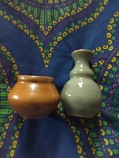 2 Handmade Art Pottery Small Vases green and yellow brown glossy