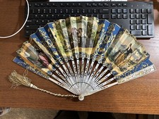ANTIQUE EARLY 19TH C HAND PAINT 2X SIDE MOTHER PEARL HAND FAN