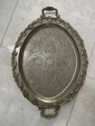 Large Handmade Silver Brass Serving Tray with Handles and Feet