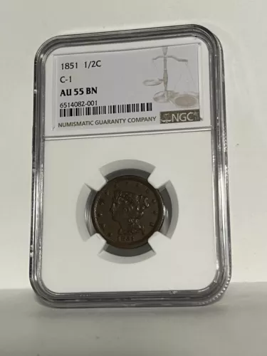 NGC AU-55 BN 1851 Braided Hair Half Cent, Well-detailed, attractive specimen.