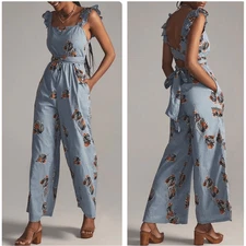 Anthropologie Bel Kazan Blue Floral Evie wide leg jumpsuit l organic cotton L