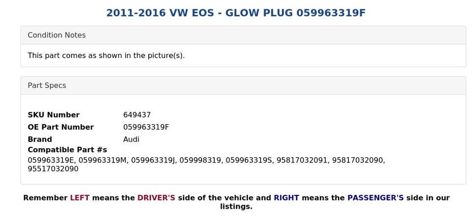 VW EOS 2011-2016 - BUJÍA INCANDESCENTE 059963319F Foto 4 de 4