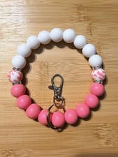 Silicone Beaded Wristlet- Pink, White, and Pink Cow Print