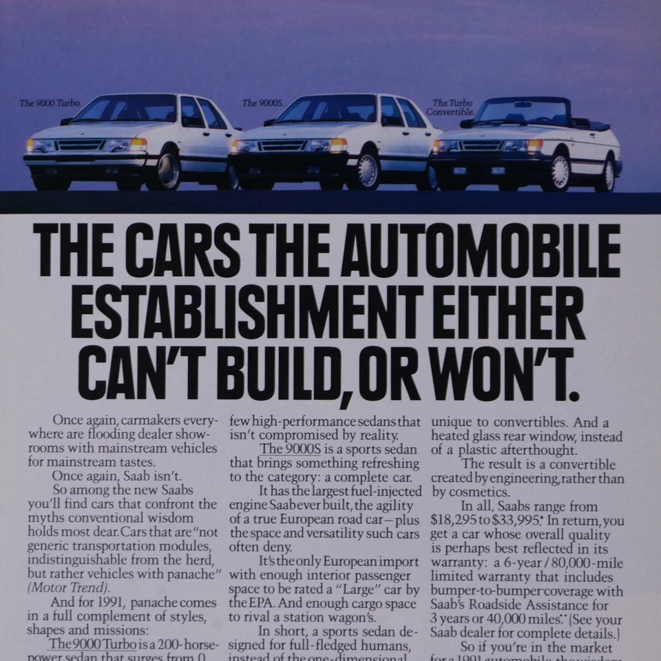 1990 Saab 9000 Turbo 200-Horsepower Original Print Ad 8.5 x 11 " - Image 3 of 3