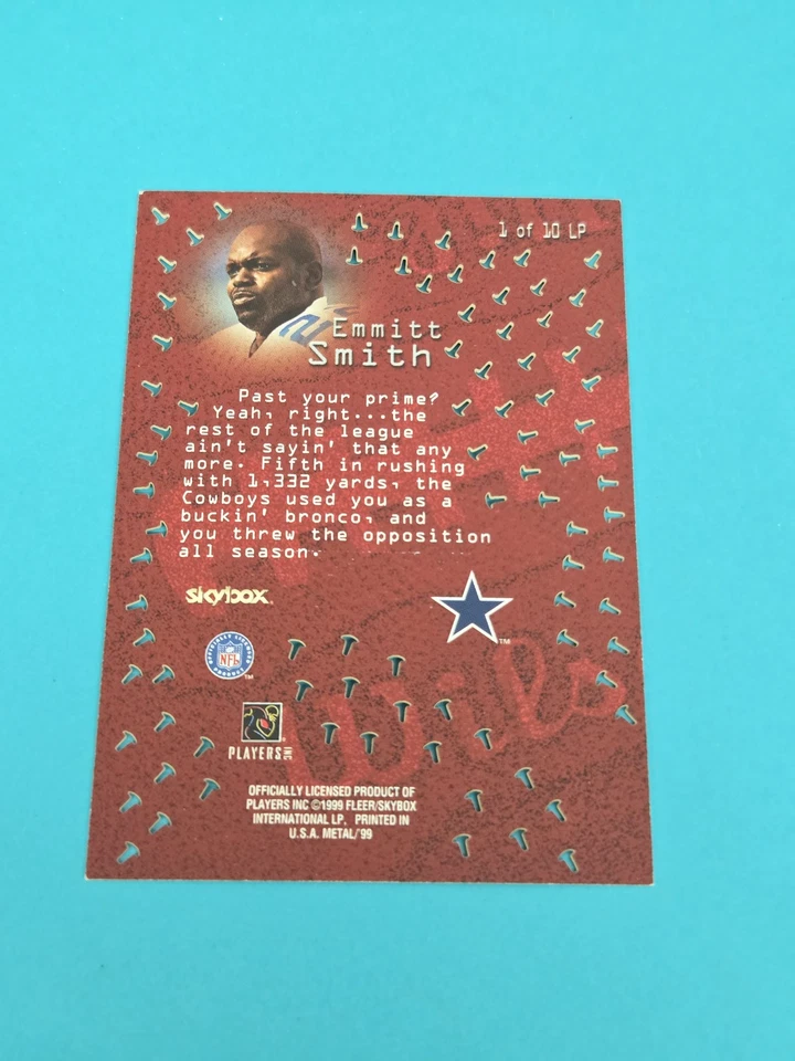 Tarjeta de fútbol 1999 SkyBox Metal Universe Linchpins rara SP #1 LP Emmitt Smith 6C Foto 2 de 2