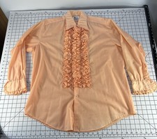 Vintage Tuxedo Shirt Delton New York Size L 70s Orange Peach Ruffles Made USA