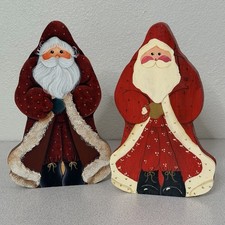 PAIR VTG Holiday Christmas Folk Art Santa Claus Hand Painted Wood Signed 1995