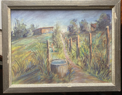 ::PASTEL PAINTING DIRT ROAD WITH FENCE WATERING HOLE FARM GRAIN