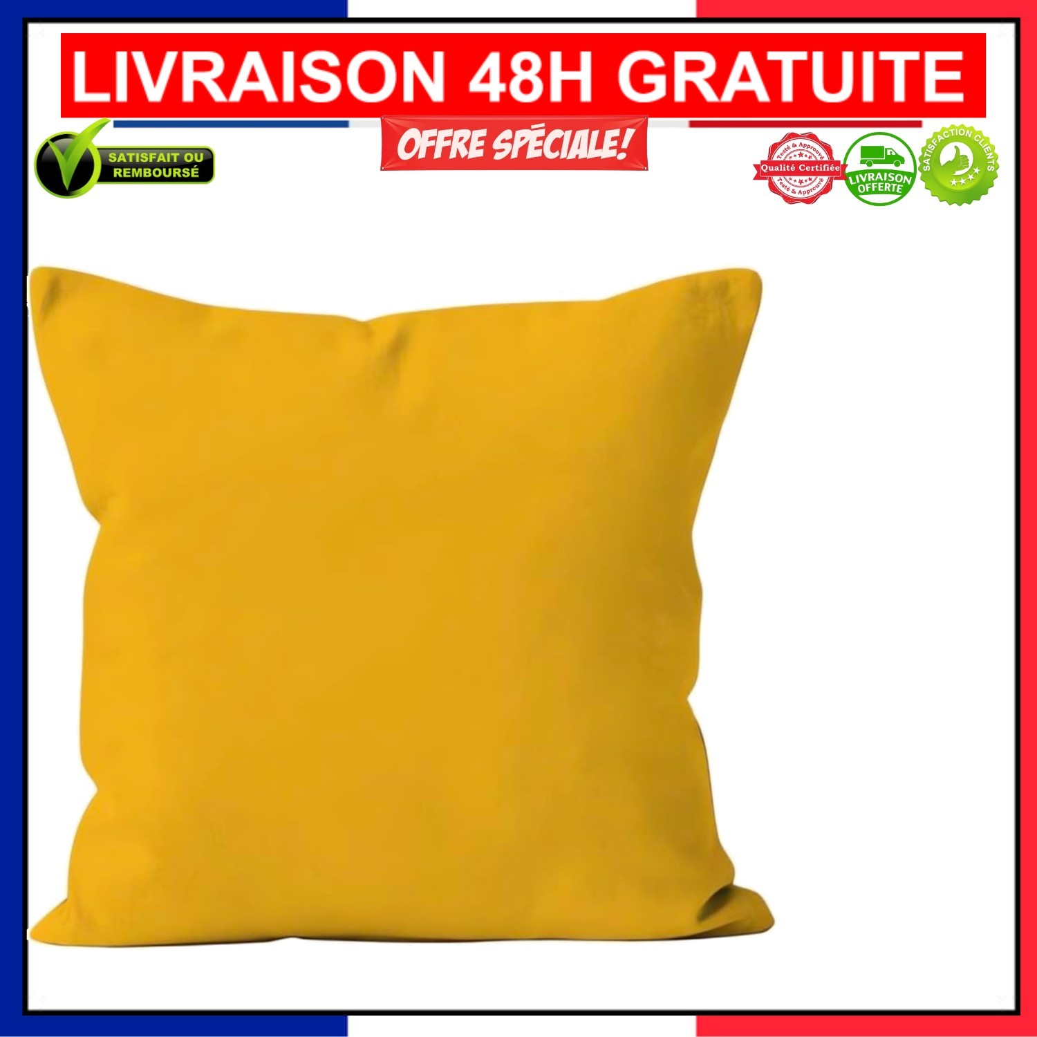 Coussin déhoussable 60x60 cm Alix en polyester jaune pour décoration de salon