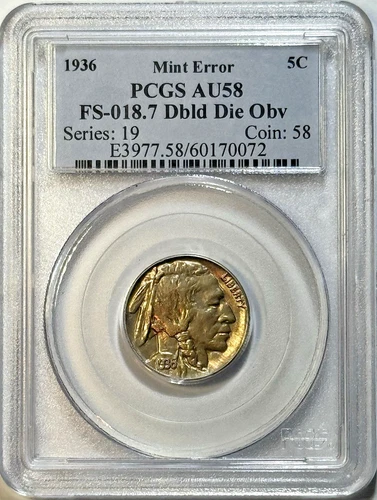 1936 Buffalo Nickel FS-018.7 DDO  PCGS AU58 Slider - Doubled Die Obverse Variety
