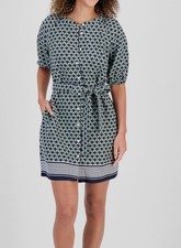 Nautica Jeans Women's Green Foulard Linen-Blend Puff-Sleeve Shirtdress Sz S