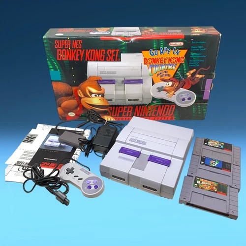 Vintage 1991 Super Nintendo SNES Donkey Kong Set CIB Mint Tested Works + Bonus