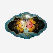 Vintage Hand Painted Lacquer Barrette Floral Russian Artist Signed Scalloped