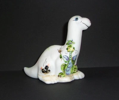 Fenton Glass White Crispy Marshmallow Dinosaur Figurine Ltd Ed #1/41 M. Kibbe - Image 1 of 4