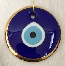 Evil Eye Protection Wall Hanging Blue Gold Tone Glass Gilded Amulet Catcher 5  