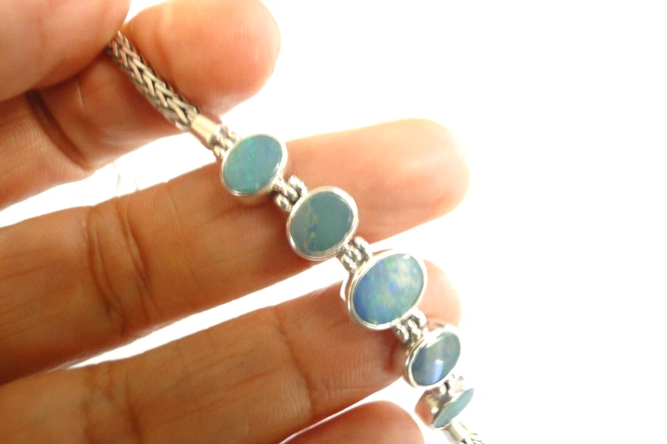 Blue Australian Opal Five Stone 925 Sterling Silver Bracelet - Imagem 4 de 4