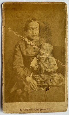 orig. CDV photo photograph picture old fashion around 1860 Prague Cikanek mother child