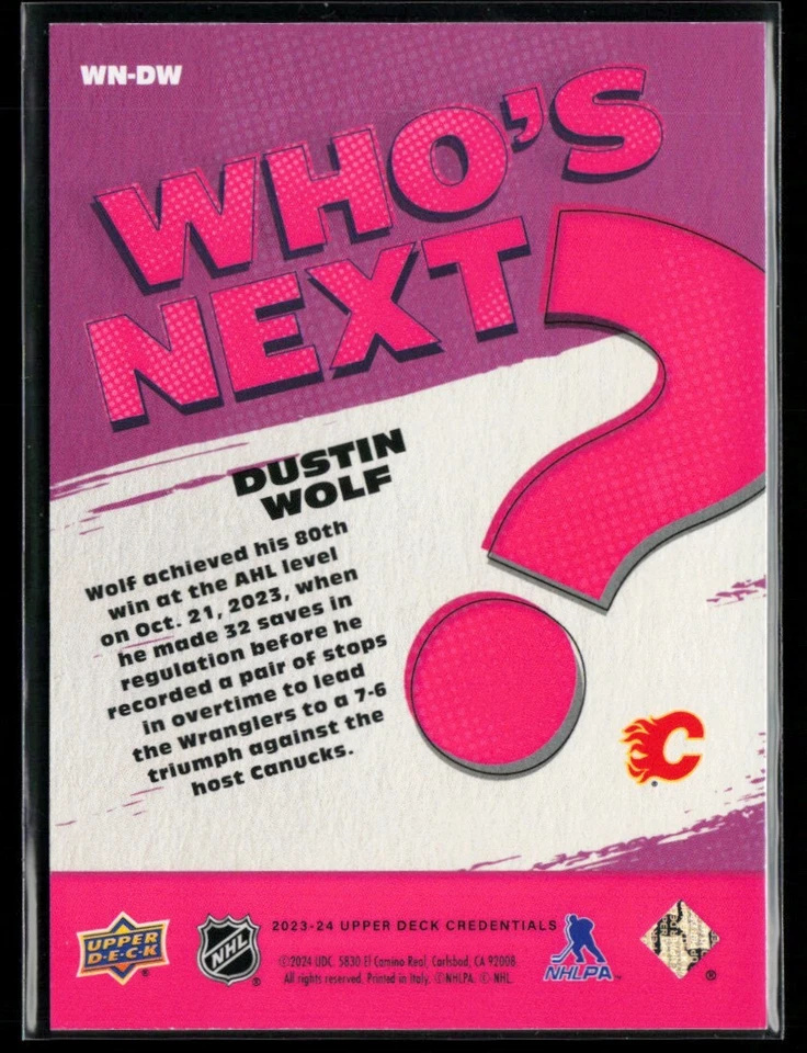 2023-24 Upper Deck Credentials Who's Next? #WN-DW Dustin Wolf RC - Image 2 of 2
