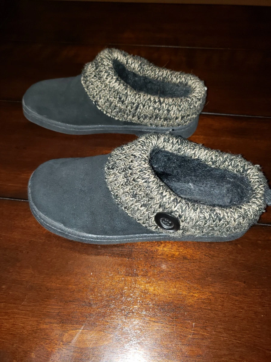 Women s Clarks Slippers Size 6 Black Faux Suede Tan Knitted Around