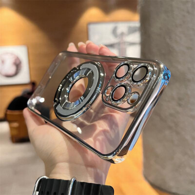For iPhone16 Plus 15 14 13 Pro Clear Soft Case Magnetic Stand Lens Protector