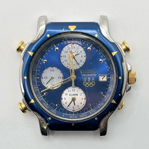 Seiko Quartz 5T52-6B09 USA Olympics Blue Sunburst GMT World Timer 38mm Vintage