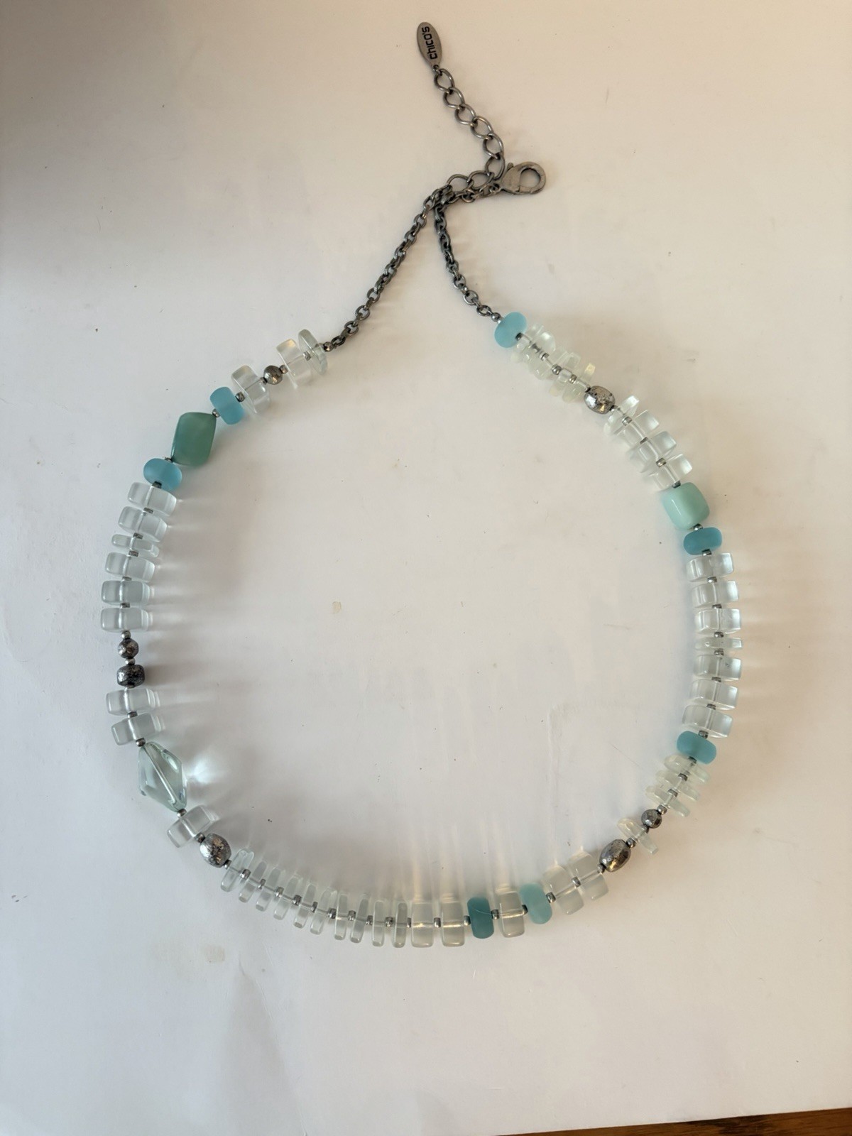 Chicos’ Faux Seaglass , Lucite Ice cubes  and silvertone Opera Length Necklace