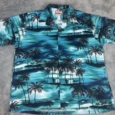 RJC Hawaiian Button Up Shirt Mens 3XL Blue Palm Tree Tropical Made in USA 102C