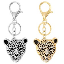 2pcs Leopard Head Keychain, Silver Gold Cheetah Print Keychain, Crystal Rhi...