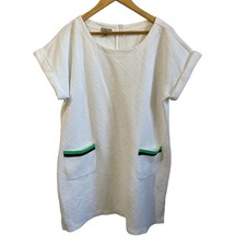 Talbots White Cable Jacquard Short Sleeve Dress XL Green Navy Stripe Pockets