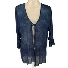 Venezia Plus Size 14 16 Tie Front Top Blouse Crinkle Semi Sheer Y2K Blue USA