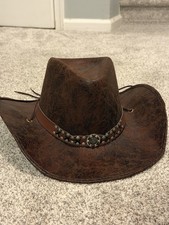 Brown Distressed Western Cowboy Hat w/ Studded Concho Band & Chin Strap