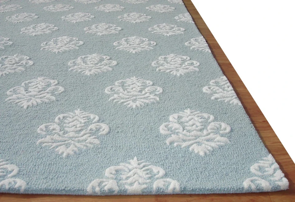 Blue White Modern Loop Handmade Hand-Tufted 100% Wool Area Rug Carpet. - Image 3 of 4
