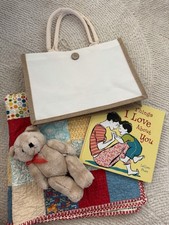 Vintage Cute Gift Baby Set Handmade Quilt 26"x26"Patchwork Book  Bear bag