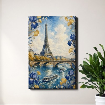 Eiffel Tower Paris Wall Art Seine River Floral Border Travel Decor