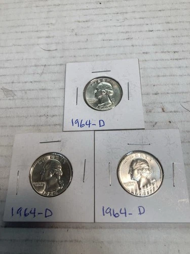 lot of 3 Washington quarters 90% silver 1964 D Beautiful Condition #1