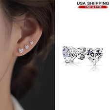 925 Sterling Silver 3/4/5MM Heart Cut Crystal CZ Studs Earrings Mens Women New
