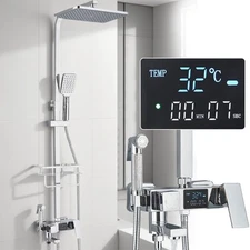 Chrome Exposed Shower Faucet System Rainfall Shower Head Combo with Hand Shower