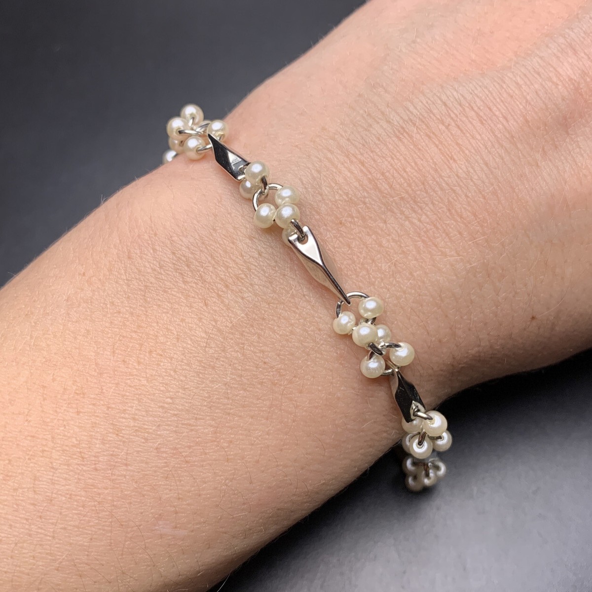 Dainty Faux Pearl Cluster Bracelet Bar Link Silver Tone