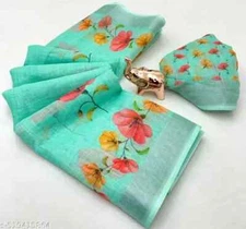 New Linen Cotton Sari With Unstitched Blouse Piece Party Wedding Wear For Women