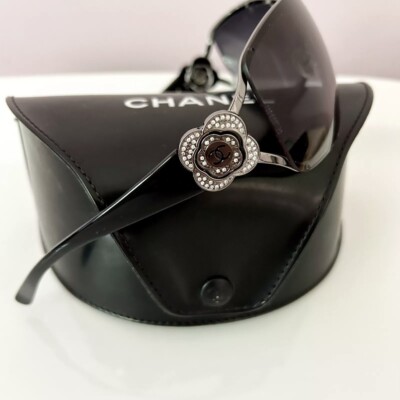 CHANEL Camellia Crystal Logo Black Shield Sunglasses Made in