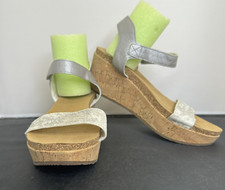 YELLOW BOX SIZE 11 WHITE/SILVER LEATHER 100 COW FUR STRAP WEDGE SANDALS