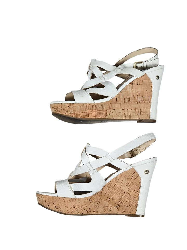 Tacones de cuña Guess Harlea piel de serpiente blanca corcho en relieve talla 10 Foto 2 de 4
