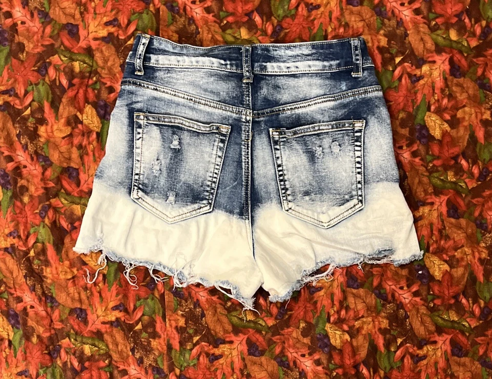 Hot Kiss Juniors Ombre Denim Distressed Jean Shorts Mid Rise Bleached Stretch 7 - Image 2 of 4
