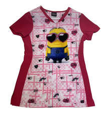 Despicable Me Scrubs Top XS The rise of Gru Pink Love Hearts Minon nursing