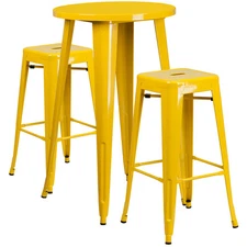 24'' Round Yellow Metal Indoor-Outdoor Restaurant Bar Table Set w/2 Barstools