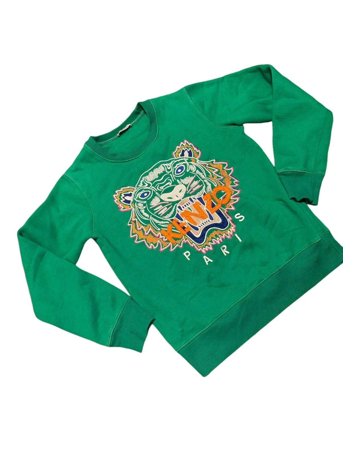 Felpa KENZO bambino giovane ricamata logo tigre cotone verde taglia small