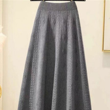 Women Knit Skirt Midi Elastic High Waist Big Swing A-line Knitwear Elegant Solid