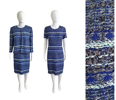 St. John Eva Knit Blue Metallic Sequin Tweed Jacket & Dress Set Size 8